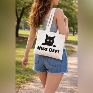 Hiss Off Cotton Canvas Tote 14”x12” New Handcrafted Black Cat Lovers